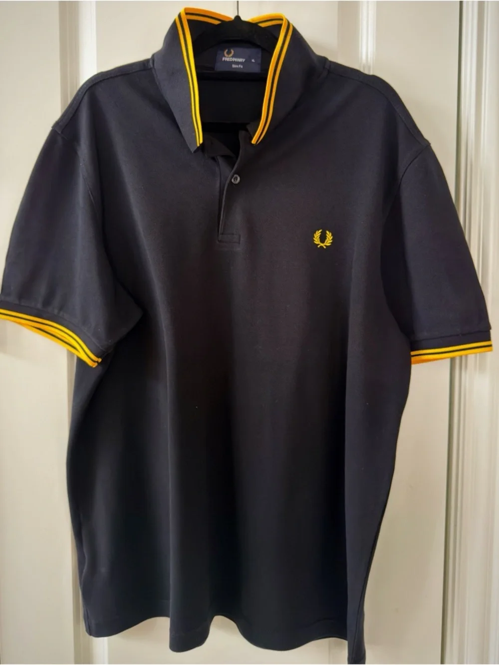 Fred Perry Black Polo with Yellow Trim and Laurel Logo Mens Polo Slim Fit Shirt - Picture 1 of 3